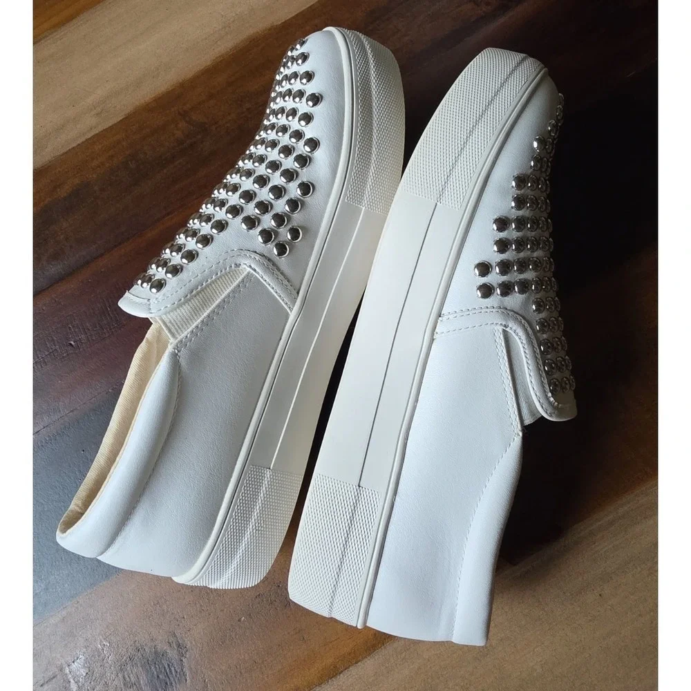 Steve Madden Women's Torin Platform White Silver Studded Slip-on Sneakers 9.5M